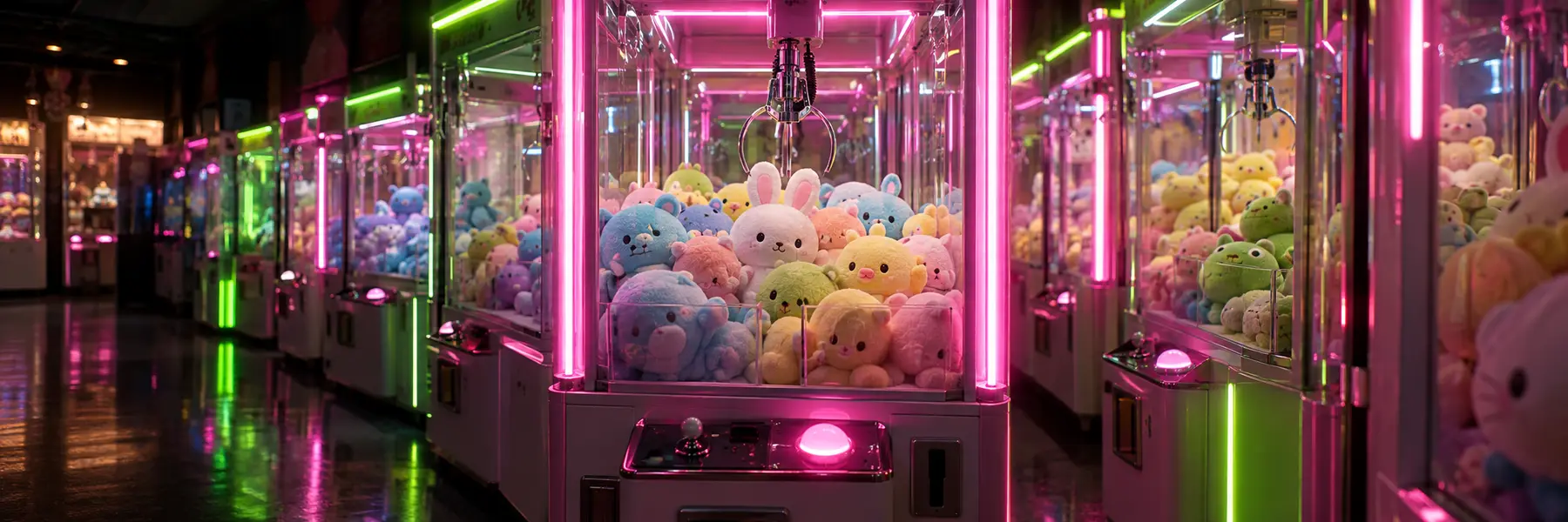 A row of glowing pink and lime claw machines packed with pastel plush